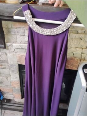 Scarlett Purple Midi Dress To Knee  with Crystal-Embellished Collar, Mesh Back.